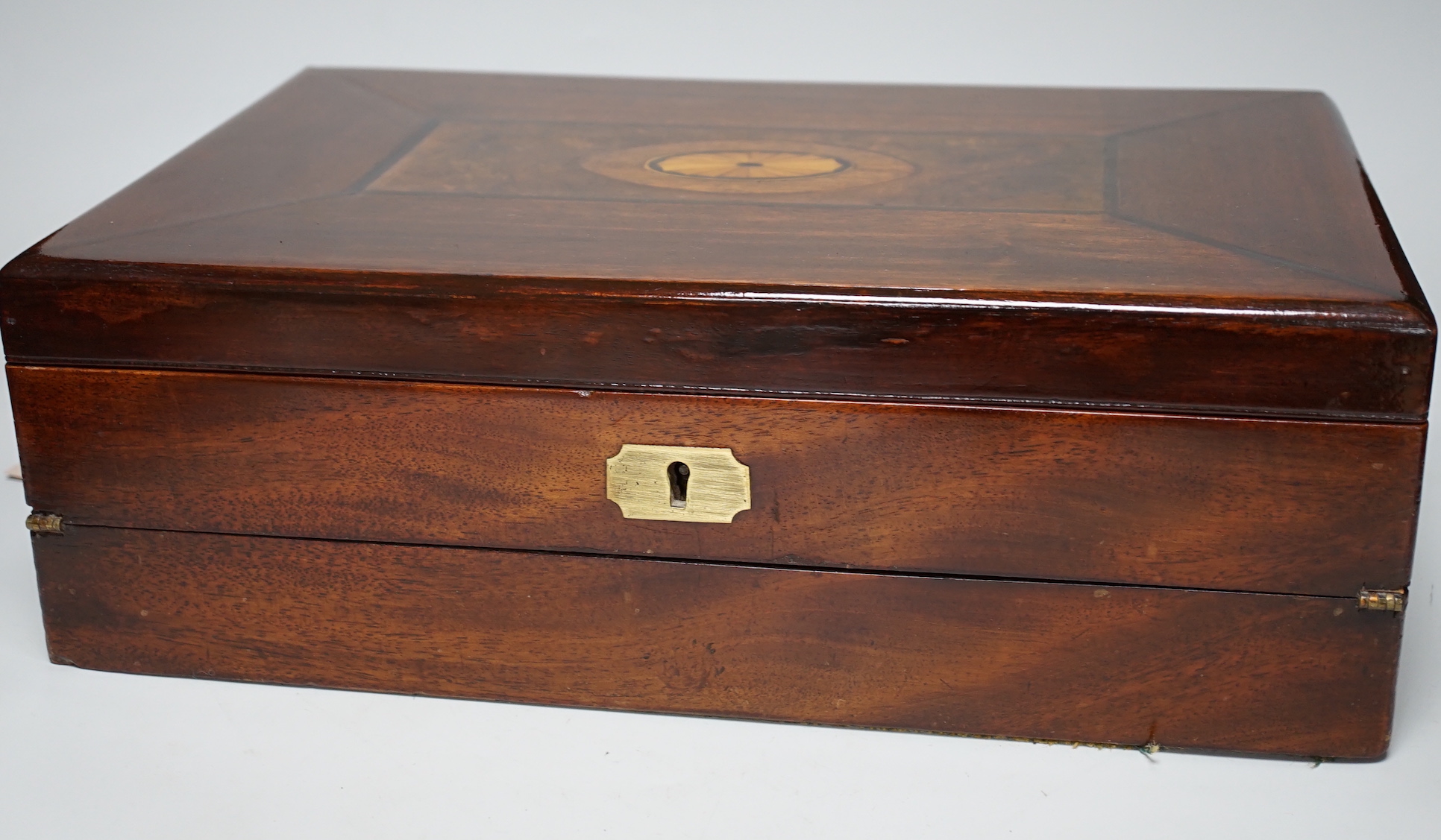 A Victorian mahogany shell inlay writing slope, with interior red Morocco leather stationery sleeve, slope, 40.5cm x 13.5cm high